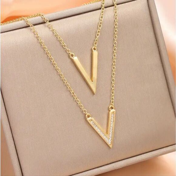 Gold Double Triangle V Pendant Necklace - Picture 5 of 6